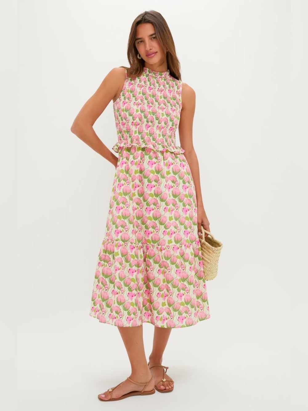 Sleeveless Pink Floral Midi Dress